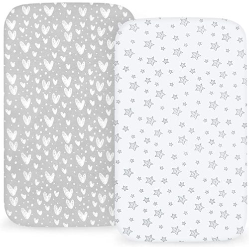 Bassinet Sheets Fit for Hospital Bassinet, Simmons Kids by The Bed Twin City and Graco Pack 'n Play Close2Baby Bassinet(not playard), 100% Jersey Knit Cotton, 2 Pack, Breathable and Soft, Grey Print - Gray - for Simmons Kids Sleeper Bassinet (Twins...