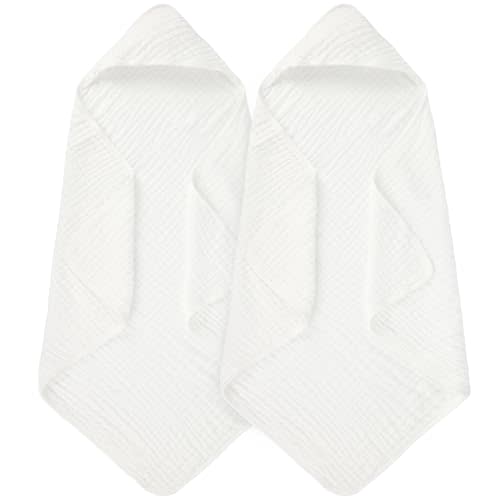 MIGIOL Hooded Baby Bath Towels 100% Muslin Cotton Baby Bath Towel for Infant, Toddler and Kids,Soft and Absorbent Newborn Essential，Large 32x32Inch 2 Pieces White