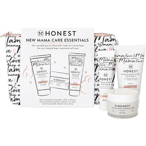 The Honest Company New Mama Care Essentials Gift Set | Hospital Bag Must Haves | Travel Size Nip Balm (0.5 oz), Glow On Body Cream (1 oz), Gotta Glow Face Wash (1.75 fl oz), Reusable Pouch