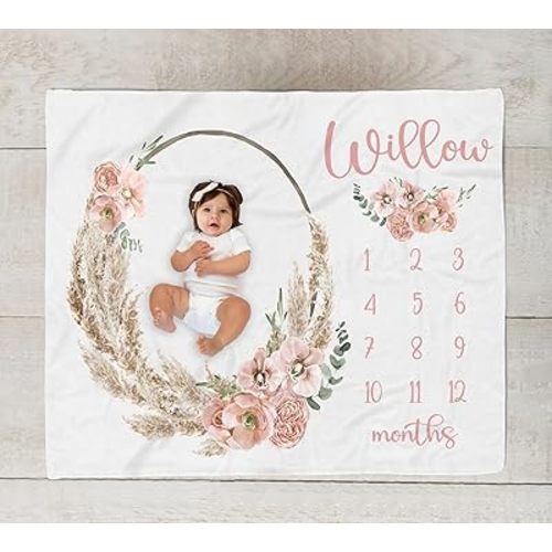 Boho Milestone Blanket Girl, Dusty Rose Baby Month Blanket, Personalized Baby Girl Shower Gift, Baby Girl Boho Nursery with Pampas Leaves HHQ63_BLKBB09_13