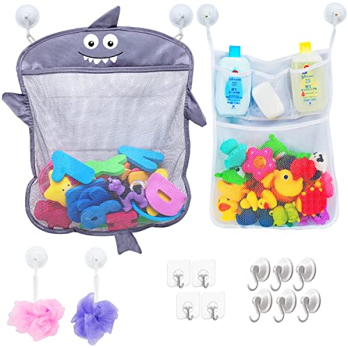 2 x Mesh Bath Toy Organizer + 6 Ultra Strong Hooks – The Perfect Bathtub Toy Holder & Bathroom or Shower Caddy – These Multi-use Net Bags Make Baby Bath Toy Storage Easy – For Kids & Toddlers