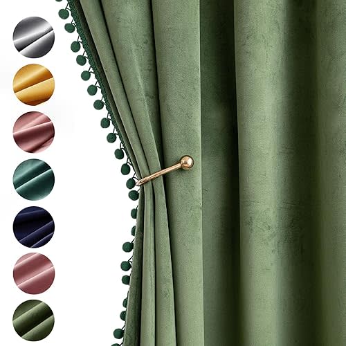 MIULEE Olive Green Pom Pom Velvet Curtains for Bedroom/Living Room Darkening Thermal Insulating 63 Inches Long Blackout Curtains with Rod Pocket for Girls Room/Nursery/Home Theater Set of 2