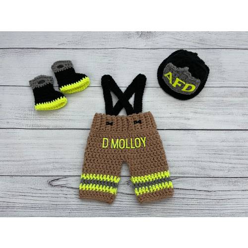 Baby Boy Firefighter Fireman Hat Outfit 4pc Crochet Pant Set w/Susp and Boots, Newborn, 0-3M, Photo Prop - MADE TO ORDER