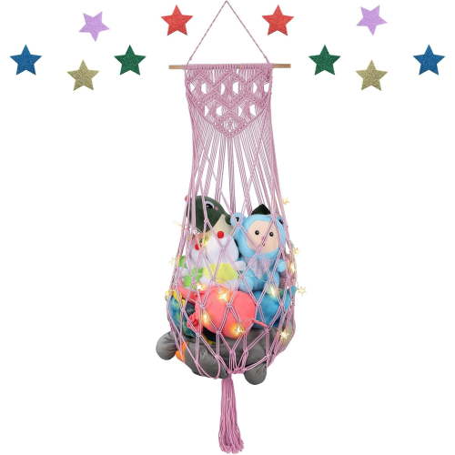Stuffed Animal Hammock Wall Hanging Net W/String Light for Stuffed Animal Net Stuffed Animal Storage Plush Toy Holder Toy Organizer for Boho Kidroom Playroom Nursery Decor (Light Pink)
