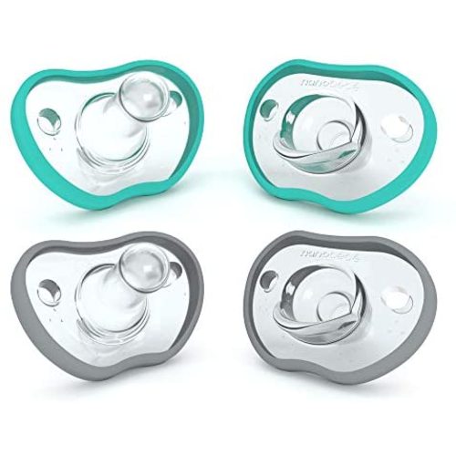 Nanobebe Baby Pacifiers 0-3 Month - Orthodontic, Curves Comfortably with Face Contour, Award Winning for Breastfeeding Babies, 100% Silicone - BPA Free. Baby Registry Gift 4pk,Teal/Grey