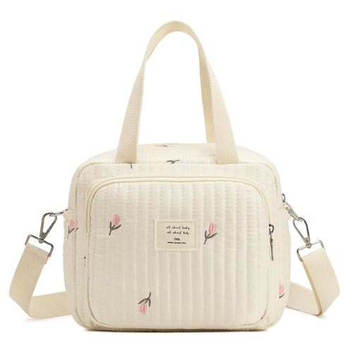 Small Diaper Bag Tote, Crossbody Diaper Bag Mini Purse with 7 Pockets, Travel Baby Bag for boys & Girls, 2 Bottle pocket, Off white