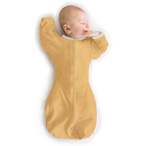 SwaddleDesigns Transitional Swaddle Sack with Arms Up Half-Length Sleeves and Mitten Cuffs, Small, 0-3 Months, 6-14 lbs, Heathered Gold (Arms Up Swaddle, Transition Swaddle Sleep Sack)