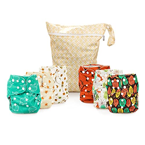 Simple Being Reusable Cloth Diapers, Double Gusset, One Size Adjustable, Washable Soft Absorbent, Waterproof Cover, Eco-Friendly Unisex Baby Girl Boy, six 4-Layers Microfiber Inserts (Forest)