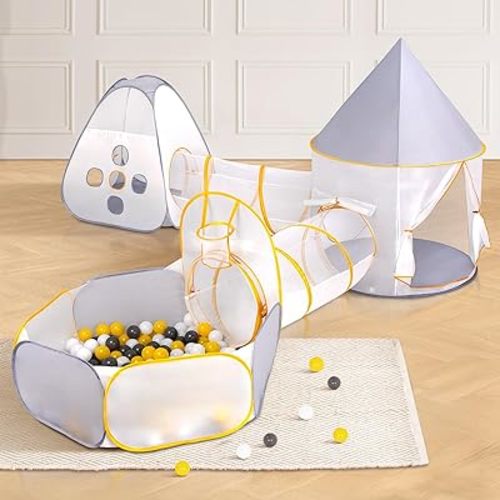 5 PCS Play Tent with Tunnel and Ball Pit for Kids, Foldable Pop Up Tents Kids, Indoor & Outdoor Playground with Crawling Toys