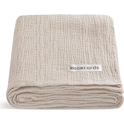 meowcards Muslin Swaddle Blankets for Baby, Unisex Baby Boys Girls Essentials, Large 47 x 47 inches Boho Style Receiving Blankets Newborn Registry Must Haves, Perfect (Beige, Simple)