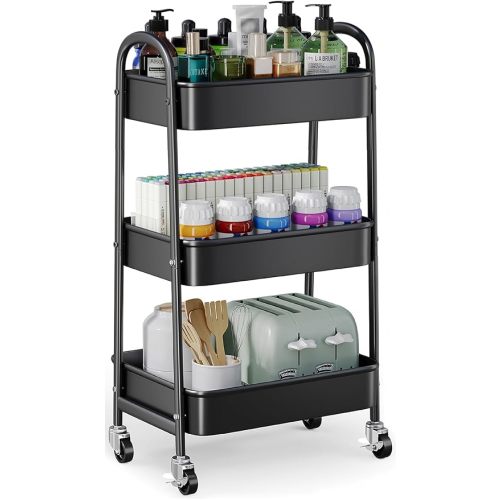 3 Tier Metal Rolling Cart with Wheels, Three Tiered Diaper Cart Organizer on Lockable Wheels, Black Utility Storage Trolley Carts for Art, Craft, Snack, Baby Nursery, Cleaning, Teacher Supplies, Mesh