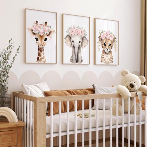 Safari Nursery Prints Girl, Set of 3 Safari Animal Pictures, Playroom Decor, Pink Girls Wall Art, Safari Floral Animals, Safari Wall Art