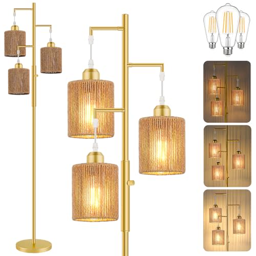 Hotsonic 72" Tall Boho Rattan Style Floor Lamp with Hand-Woven Paper Cord Shade, Dimmable Industrial Tree Standing Lamp for Living Room, Bedroom, Study Room, Office (3 x 800LM Bulbs Included) - Gold
