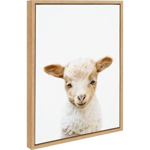 Kate and Laurel Sylvie Animal Studio Lamb Framed Canvas Wall Art by Amy Peterson Art Studio, 18x24 Natural, Modern Animal Portrait Art for Wall