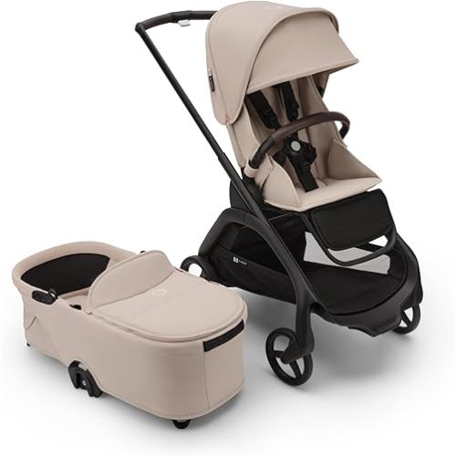 Bugaboo Dragonfly City Stroller with Full-Size Baby Bassinet and Toddler Seat, One Hand Easy Fold in Any Position, Full Suspension, Large Basket, Black Chassis and Desert Taupe Sun Canopy