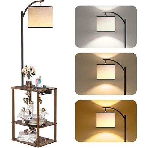 SUNMORY Floor Lamp with Table, End Table for Living Room with Lamp, Shelves Side Table with Charging Station(USB & AC Port), 3 Color Temperature LED Bulb, Modern Nightstand Lamp for Bedroom, Office