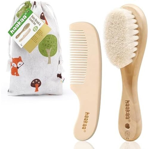 haakaa Baby Hair Brush and Comb Set for Newborns & Toddlers - Natural Soft Goat Bristles and Wooden Handle, Gently Grooms Baby's Hair, Ideal for Cradle Cap, Perfect Baby Gift, 2pk