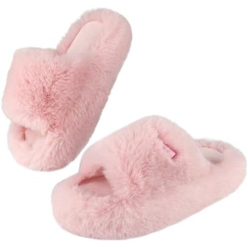 Women's Fuzzy Slippers丨Comfy Memory Foam Plush Slippers丨Ladies Open Toe House Slippers丨Trendy Bedroom Flat Slippers丨Indoor Fluffy Slides