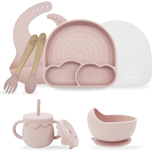 Led Weaning Supplies - 8 Piece Silicone Baby Feeding Set - Complete Toddler Self Feeding Dish Set with Suction Bowl Divided Plate - Baby Spoons Self Feeding 6 Months - Baby Feeding Set