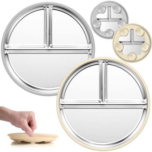 Stainless Steel Kids Plates (2 Pack) 9 Inch Toddler Divided Plates with Removable Silicone Sleeves & 5 Suction Cups Baby Self Feeding | Mess-Free Mealtime | Dishwasher Safe