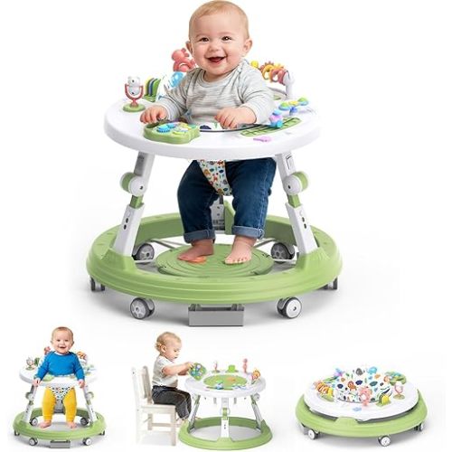 4-in-1 Foldable Activity Center- Baby Walker with Wheels, 360-degree Rotatable Play Tray, 3-Stage Adjustable Height, for Boys and Girls 6-18 Months, Music and Lights(Green)