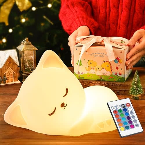 【REMOTE + GIFTS PACKAGE】Cat Night Light for Kids, Cute Room Decor for Teen Girls Gifts,16 Color 5 Brightness Dimmable Night Lights,1800mAh Rechargeable Silicone Night Light,Remote+Timer Nursery Lamp