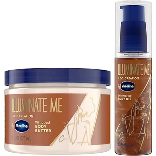 Vaseline Illuminate Me Body Butter & Body Oil - Shimmering Body Bronzer, Hydrating Whipped Organic Shea Butter with 24-Hour Moisture for Melanin-Rich Skin, Radiant Body Glow Oil (2 Piece Set)