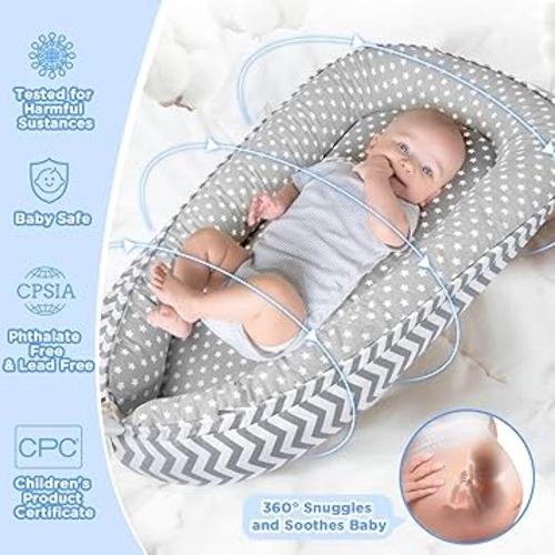Baby Lounger - Baby Lounger for Newborn 0-24 Months, Breathable and Soft Cotton Cover Baby Nest, Portable Cozy Tummy Time Lounger for Home and Travel, Ideal Baby Essentials & Shower Gifts