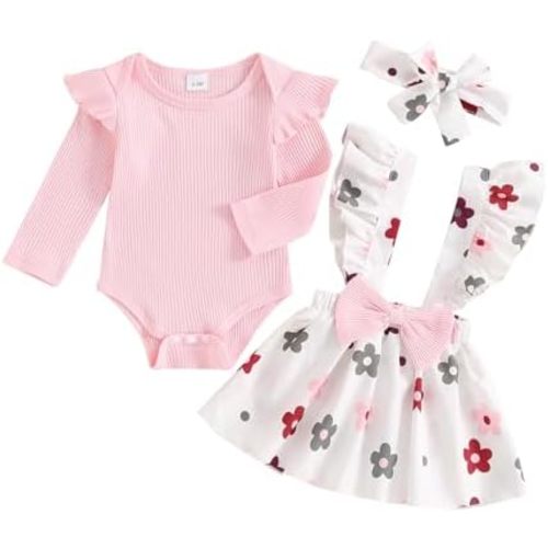 Newborn Baby Girl Clothes Ruffles Long Sleeve Romper Floral Suspender Skirt Set with Headband Girl Clothes 2Pcs