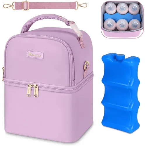Mancro Breastmilk Cooler Bag with Ice Pack Fits 6 Baby Bottles, Insulated Baby Bottle Bag with Double Laye Design, Bottle Cooler for Baby Milk Suitable for Nursing Mom Daycare, Purple