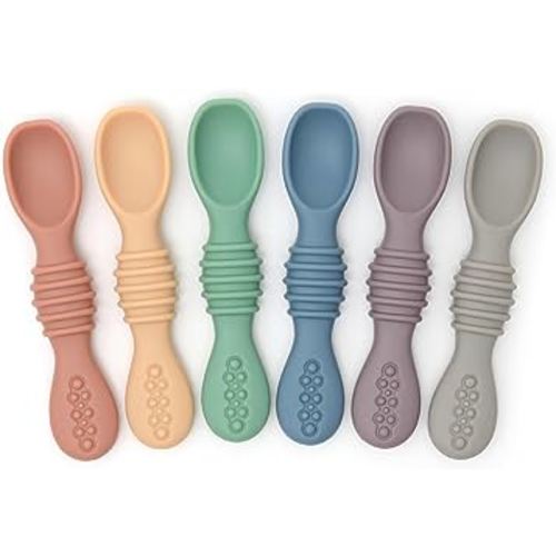 PrimaStella Silicone Chew Spoon Set for Babies and Toddlers - Safety Tested - BPA Free - Microwave, Dishwasher and Freezer Safe - Earth Shades
