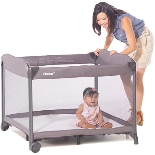 Joovy Room² Large Portable Playpen for Babies and Toddlers with Nearly 10 sq ft of Space, Large Mesh Windows for 360 View, and Waterproof Mattress Sheet - Folds Easily when Not in Use (Charcoal)