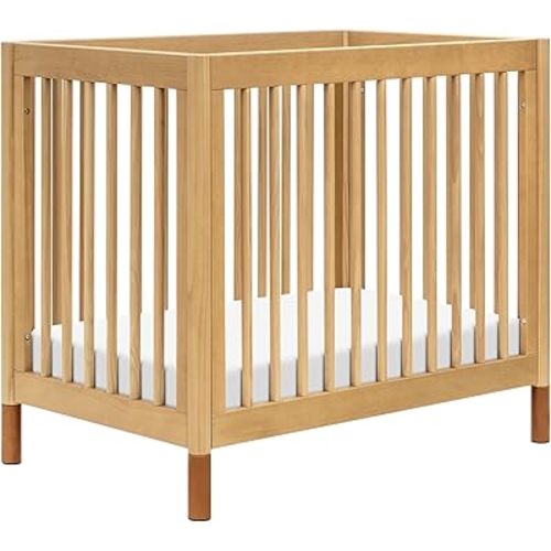 babyletto Gelato 4-in-1 Convertible Mini Crib with Toddler Bed Conversion in Honey with Vegan Tan Leather Feet, Greenguard Gold Certified