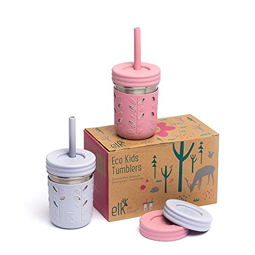 Elk and Friends 10oz Stainless Steel Kids + Toddler Drinking Cups | The Original Mason Jars with Lids + Sleeves + Straws | Smoothie Cups | Spill Resistant | Dishwasher Safe | 2 Pack