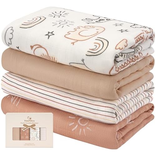 Yoofoss Muslin Swaddle Blankets, 4-Pack Receiving Blankets for Baby Boys and Girls, 47 x 47 Inches Baby Blanket Neutral Swaddle Wrap 70% Rayon from Bamboo and 30% Cotton