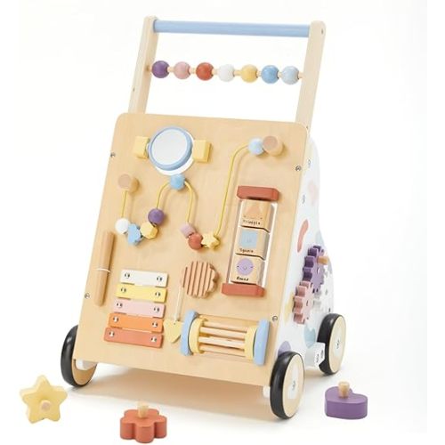 Wooden Baby Walker, Baby Push Walker, Montessori Walker Toy for Babies 12M+ Learning to Walk & Sit-to-Stand, Adjustable Speed Walkers for Boys, Baby Activity Center with Sensory Toy for Girls