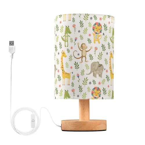 YYZZH Jungle Animal Pattern Table Lamp with Wood Base and Fabric Shade for Living Room, Bedroom or Kids Room