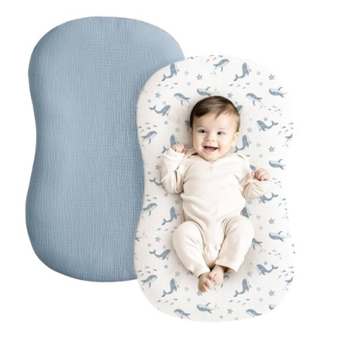 Konssy Muslin Baby Lounger Cover 2 Pack, 100% Cotton Newborn Lounger, Soft and Breathable for Boys Girls, Covers Only (Blue Whale, Blue)