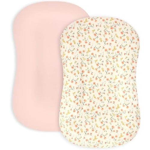 Hooyax Baby Lounger Cover 2-Pack, Ultra-Soft Stretchable Slipcover Fits Snuggle Me & Infant Loungers, Skin-Friendly Newborn Lounger Cover Set for Boys and Girls - Covers Only (Pink Flower)