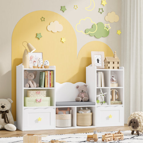 Harriet Bee 55.1"W Wood Kids Bookcase with 2 Drawers, Soft Cushion and Reading Nook & Reviews | Wayfair