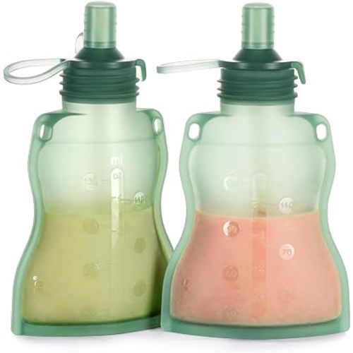 haakaa Yummy Pouch Reusable Baby Food Pouch, Baby Food Storage Toddler Kids Squeezable Pouch, Washable Freezer - Make Homemade Organic Food for Babies/Toddlers, 4oz, 2 Pack