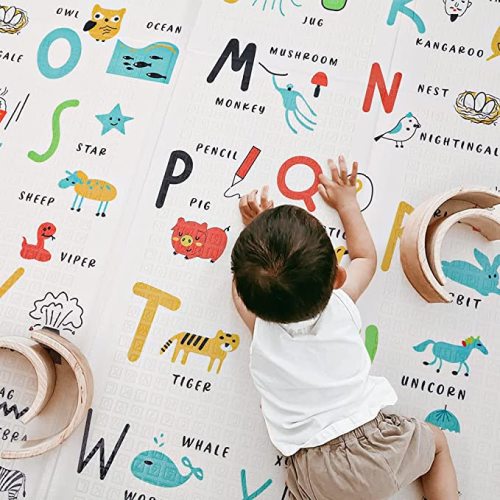 Babebay Baby Play Mat, 79x71 Large Baby mat for Floor, Soft Foam Play mat for Floor, Waterproof Baby Crawling Mat, Foldable Play Mat for Baby,Kids,Toddlers and Infants (Alphabet & Animals Pattern) - Alphabet 79 x 71 x 0.4IN