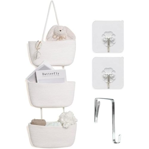 ANTIS'S HOME Over The Door Organizer Hanging Basket, 3-Tier Woven Cotton Wall-Mounted Nursery Storage Organizer Bag Boho Decorative Hanging Nursery Baskets for Living Room Bedroom - White