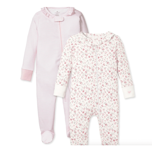 [0-3 mo] Baby's Pima Ruffle Collar Romper Duo in Pink Stripe & Dorset Floral