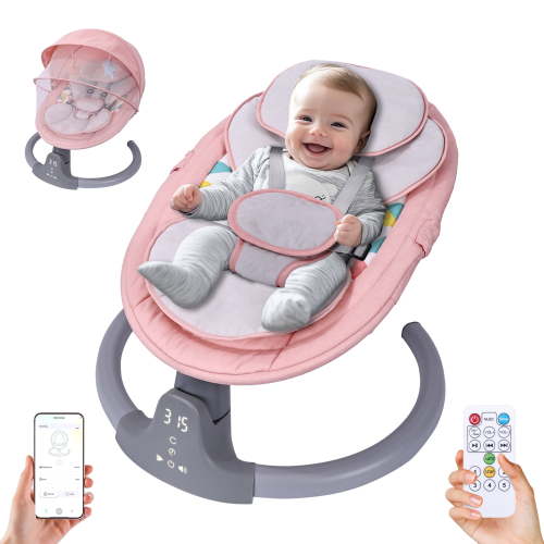 Baby Swing,HDJ Baby Swing for Infants,Portable Electric Baby Rocker with 5 Sway Speed,10 Preset Songs,Remote Control,Bluetooth Music,Pink