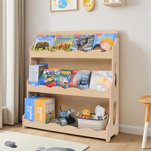 AMMEHOELA Kids Book Shelf Wooden Montessori Bookshelf Dutch Design 3Tier Scalloped,NaturalMapleWood Pattern