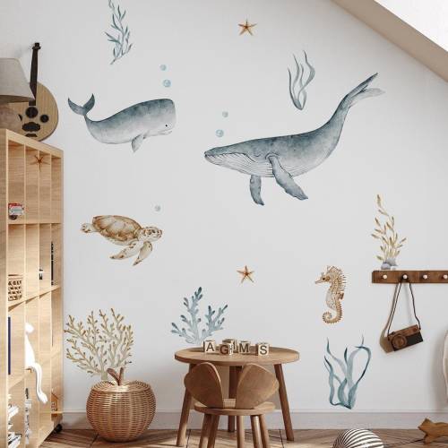 Ocean Life Wall Decals for Nursery Decor,Kids Room Decor,Underwater Marine Animals Sticker Set with Whales, Sea Turtle ,Boy's Bedroom