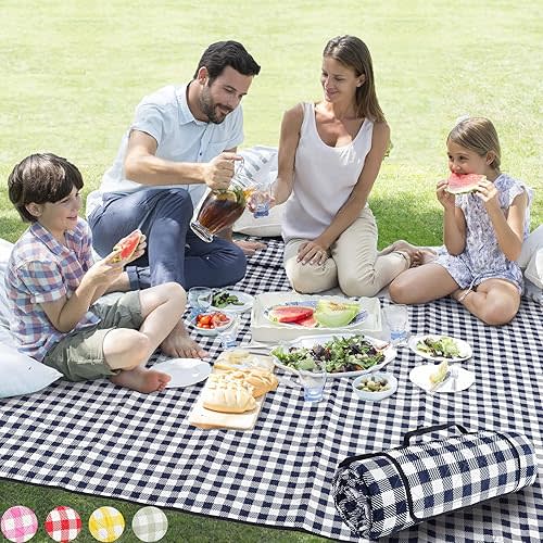 ZAZE Picnic Blankets Machine Washable, 80''x80'' Extra Large Waterproof Sandproof Foldable Compact Beach Blanket, Oversized XL Outdoor Mat for Spring Summer Camping, Park, Travel Grass(Blue and White)
