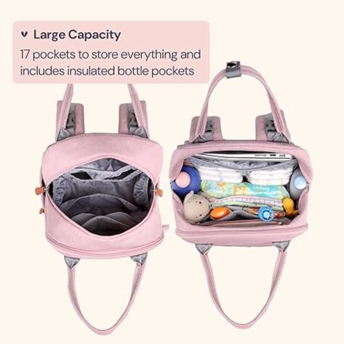 BabbleRoo Diaper Bag Backpack - Baby Essentials Travel Tote Multi function Waterproof Bag, with Changing Pad, Stroller Straps & Pacifier Case Unisex, Pink