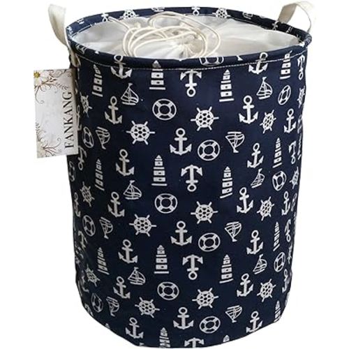 FANKANG Storage Basket, Nursery Hamper Canvas Laundry Basket Foldable with Waterproof PE Coating Large Storage Baskets for Kids Boys and Girls, Office, Bedroom, Clothes,Toys（navy anchor）